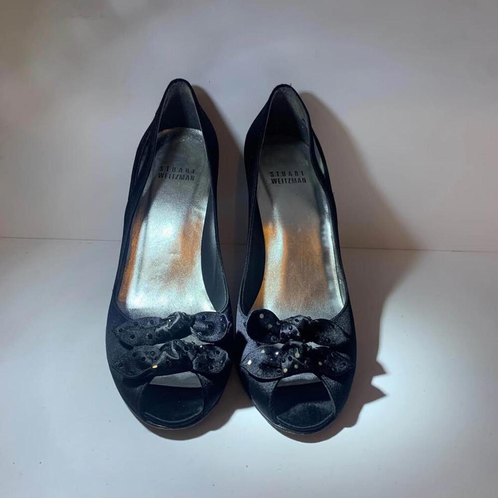 Stuart Weitzman Shoes Black Satin Heels Bows Women's‎ 6.5